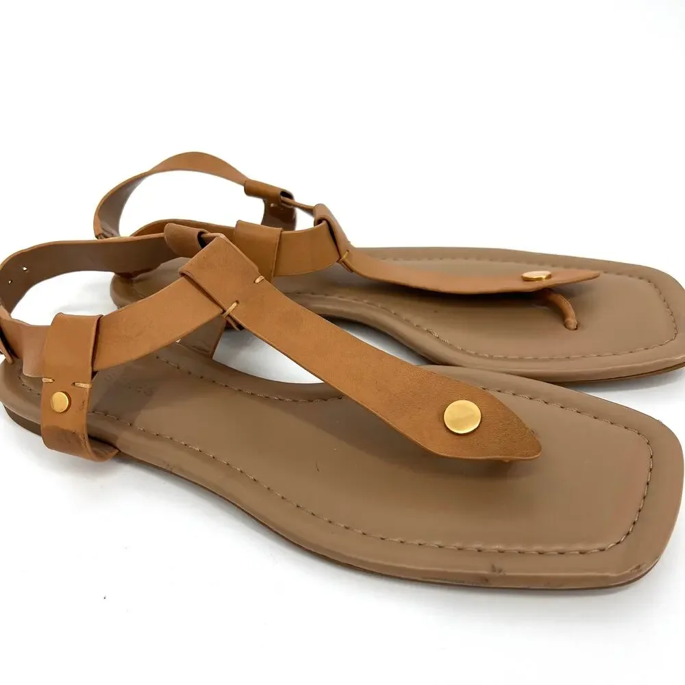 Aerosoles Carmina T Strap Flat Sandals Camel with Gold Accents Size 11